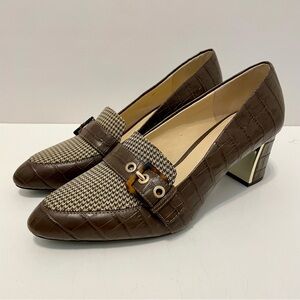 Alex Marie Brown Croc Embossed Leather Houndstooth Pumps Block Heel Size 9